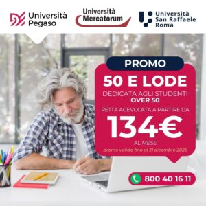 Scopri di più sull'articolo Promo 50 e Lode Dicembre 2025: Rette Agevolate per Studenti Over 50 negli Atenei Pegaso, Mercatorum e San Raffaele