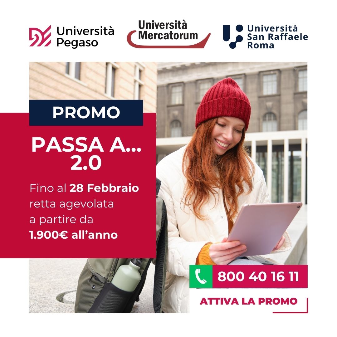 Al momento stai visualizzando Promo Passa A… 2.0 Febbraio 2026: studia con Pegaso, Mercatorum e San Raffaele Roma a prezzo bloccato per 3 anni