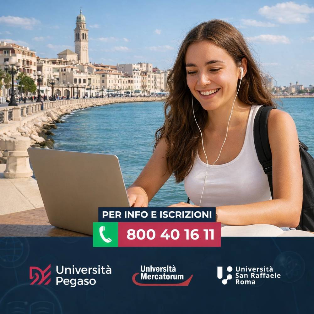 Studentessa online studia con UniPegaso a Bari sul portatile con vista della città